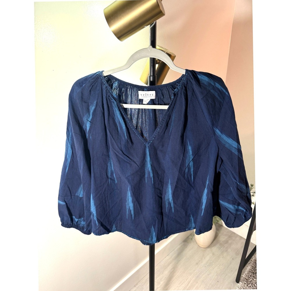Velvet GS blue ikat jeans top peasant boho festival date night fall layers nwot